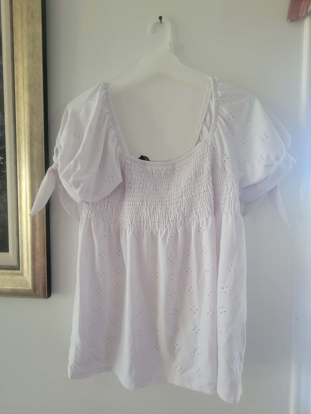 Women’s White Eyelet Smocked Square-Neck Blouse